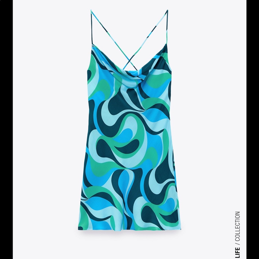Satin Cowl Neck Slip Dress in Blue Green Abstract Print